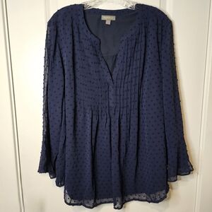 Style & Co. V-neck Navy Swiss Dot Textured 3/4 Sheer Sleeve Lined Blouse Size XL